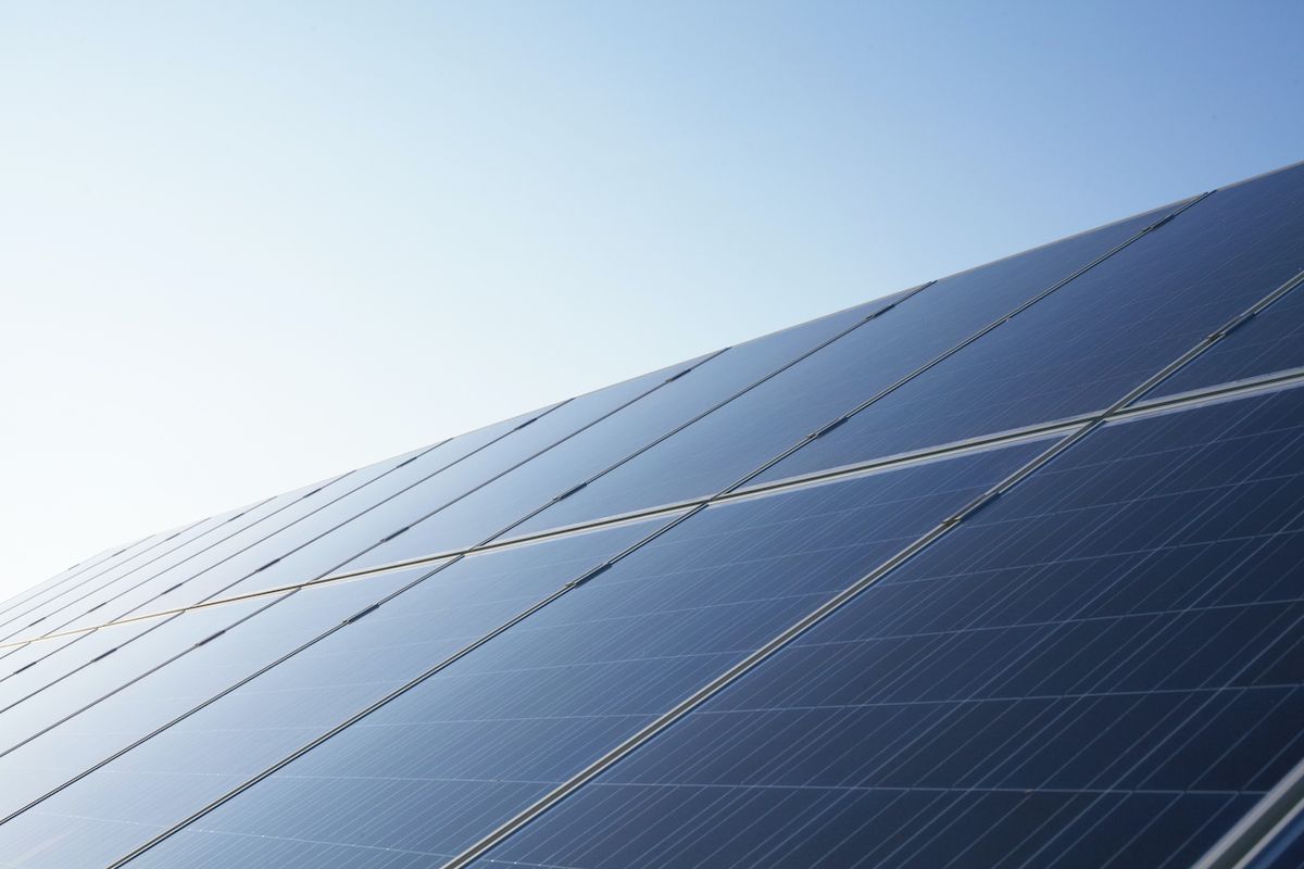 Solar Panels against blue sky. Solar Panels at dawn in Cornwall, UK.